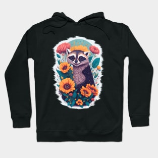 Cheerful Raccoon Amidst Colorful Blooms Hoodie